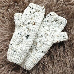 Handknit Fingerless cabled pattern mittens wrist warmers gloves ARAN TWEED